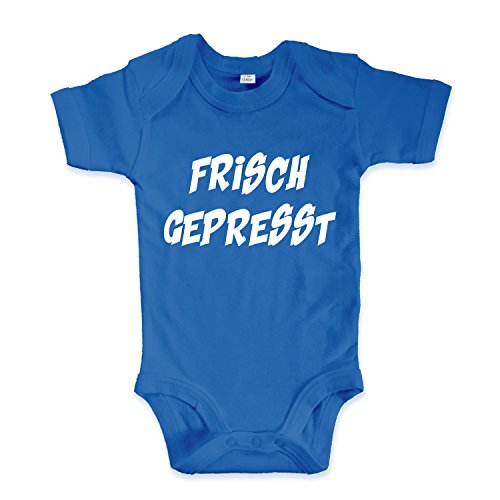 net-shirts Organic Baby Body mit Frisch Gepresst Aufdruck Spruch lustig Strampler Babybekleidung aus Bio-Baumwolle mit Zertifikat, Größe 0-3 Monate, Royalblau von net-shirts