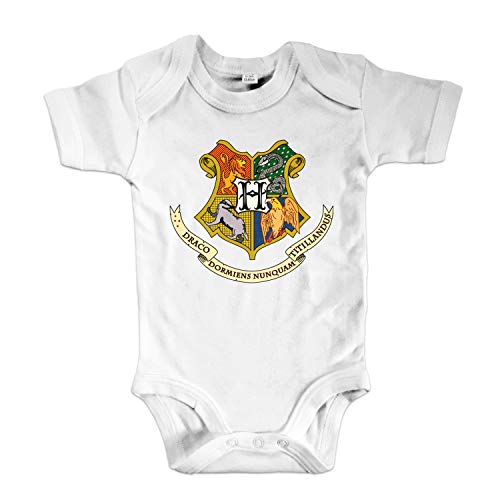 net-shirts Organic Baby Body mit Hogwarts Wappen 02 Aufdruck Spruch Motiv süß Cute Strampler aus Bio-Baumwolle Inspired by Harry Potter, Größe 3-6 Monate, Weiss von net-shirts