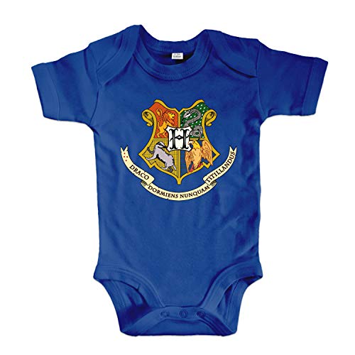 net-shirts Organic Baby Body mit Hogwarts Wappen 02 Aufdruck Spruch Motiv süß Cute Strampler aus Bio-Baumwolle Inspired by Harry Potter, Größe 3-6 Monate, blau von net-shirts