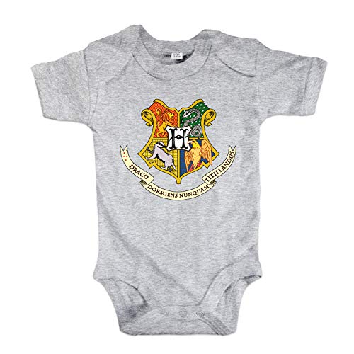 net-shirts Organic Baby Body mit Hogwarts Wappen 02 Aufdruck Spruch Motiv süß Cute Strampler aus Bio-Baumwolle Inspired by Harry Potter, Größe 3-6 Monate, grau von net-shirts