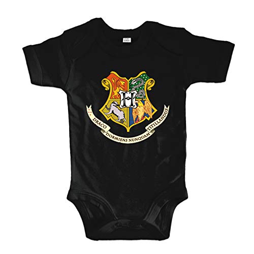 net-shirts Organic Baby Body mit Hogwarts Wappen 02 Aufdruck Spruch Motiv süß Cute Strampler aus Bio-Baumwolle Inspired by Harry Potter, Größe 3-6 Monate, schwarz von net-shirts