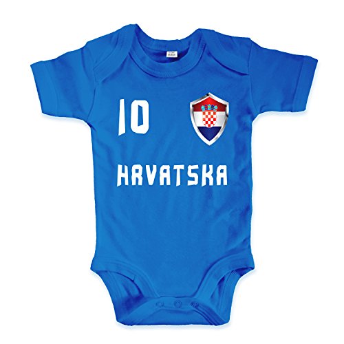 net-shirts Organic Baby Body mit Kroatien Croatia Hrvatska Trikot 02 Aufdruck Fußball Fan WM EM Strampler - Spielernummer wählbar, Größe 03-06 Monate - Spielernummer 10, blau von net-shirts