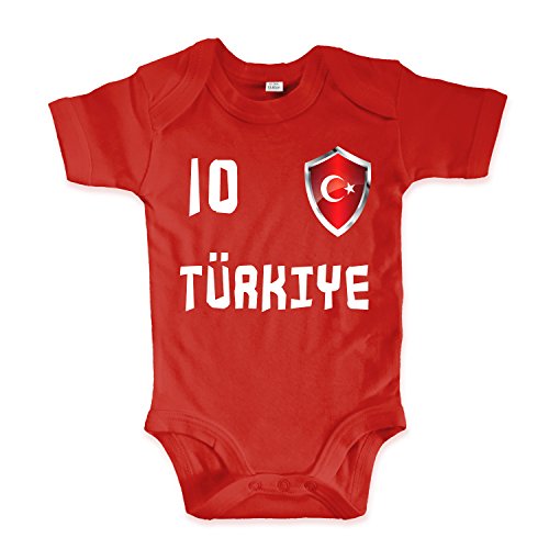 net-shirts Organic Baby Body mit Türkei Turkey Türkiye 02 Aufdruck Fußball Fan WM EM Strampler - Spielernummer wählbar, Größe 06-12 Monate-Spielernummer 10 von net-shirts