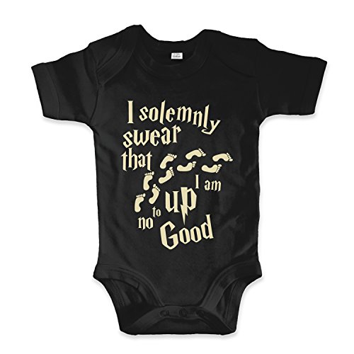 net-shirts Organic Baby Body mit Up to no Good Aufdruck Spruch lustig Strampler Babybekleidung aus Bio-Baumwolle mit Zertifikat Inspired by Harry Potter, Größe 6-12 Monate, Schwarz von net-shirts