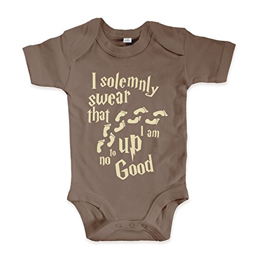 net-shirts Organic Baby Body mit Up to no Good Aufdruck Spruch lustig Strampler Babybekleidung aus Bio-Baumwolle mit Zertifikat Inspired by Harry Potter, Größe 0-3 Monate, Mokka von net-shirts