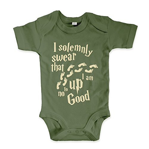 net-shirts Organic Baby Body mit Up to no Good Aufdruck Spruch lustig Strampler Babybekleidung aus Bio-Baumwolle mit Zertifikat Inspired by Harry Potter, Größe 0-3 Monate, Oliv von net-shirts