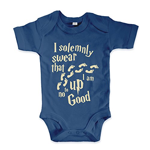 net-shirts Organic Baby Body mit Up to no Good Aufdruck Spruch lustig Strampler Babybekleidung aus Bio-Baumwolle mit Zertifikat Inspired by Harry Potter, Größe 12-18 Monate, Navy von net-shirts