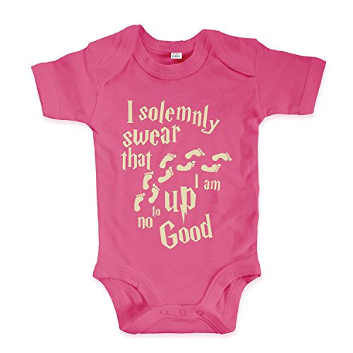 net-shirts Organic Baby Body mit Up to no Good Aufdruck Spruch lustig Strampler Babybekleidung aus Bio-Baumwolle mit Zertifikat Inspired by Harry Potter, Größe 0-3 Monate, pink von net-shirts