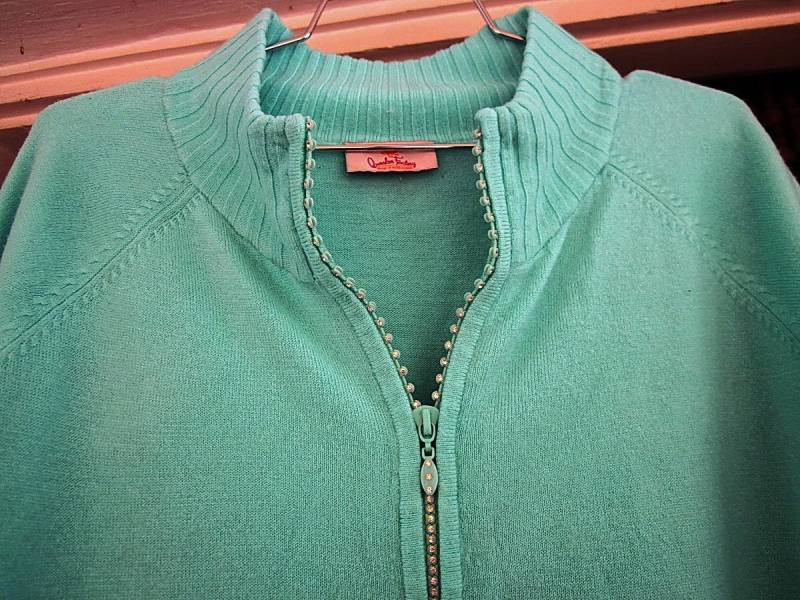 Aqua/Türkis Schattierter Langarm Strickpullover Eingebettet Mit Funkelnden Strasssteinen Reißverschluss Vorne, Vintage - Groß Bis Xlarge von netanela98