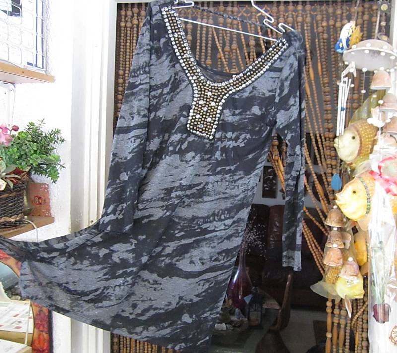 Boho Batik Painted Pailletten Und Perlen Langarm Kleid/Lange Tunika in Schwarz & Grau, Vintage - M Bis L von netanela98