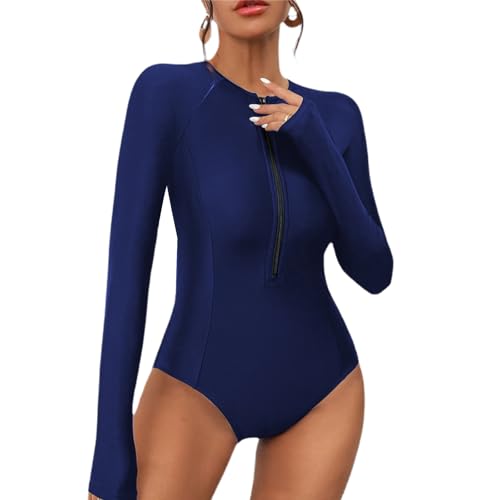 newhsy Damen Einteilige Badeanzüge mit Frontreißverschluss Design Langarm Badeanzug mit Abnehmbarem Brustpolster Bauchweg Bademode High Leg Badeanzug für Frauen, blau, XL von newhsy