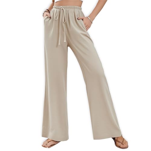 newhsy Damen Sommer Plissee Hose - Damen Sommerhose, Beige, L, Leinen, Palazzo, Klassisch, Luftig, Elastischer Gürtel und Kordelzug, Seitentaschen, Mittlere Taille, Weit, Einfarbig, Korb-Weave von newhsy