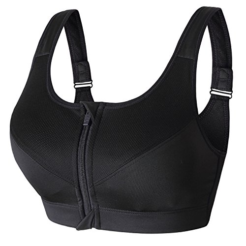 newlashua Damen-Sport-BH mit hoher Unterstützung, Push-Up-Reißverschluss vorne, gepolsterter Sport-BH, schwarz, 95E/100B/C/D = (US XL/5XL) von newlashua