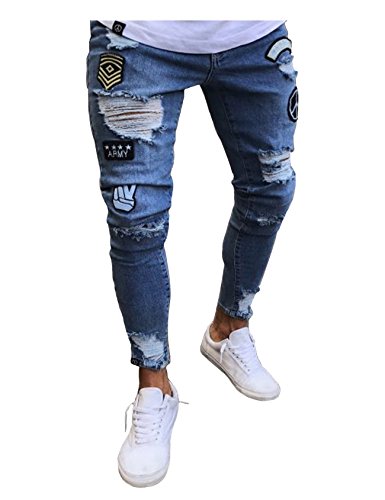 newrong Herren Löcher Slim Fit Jeans Hose Hellblau XS von newrong