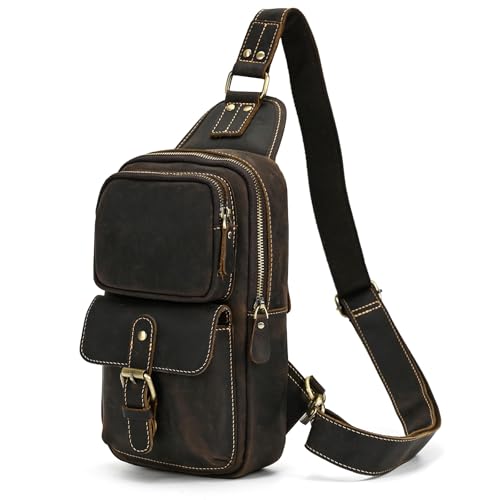 newsbirds Herren Echtes Leder Brusttasche Umhängetasche Sport Outdoor Messenger Bag Wanderrucksäcke,9331 dunkelbraun von newsbirds