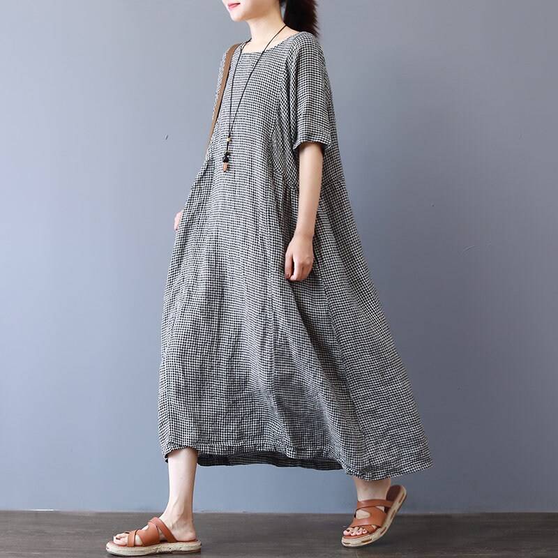 Schwarze Scheck Kleid, Lose Sommer-Baumwoll-Kleid, Schicht Tag Kleidung Für Frauen Handgemachte Kleid von newstar2016