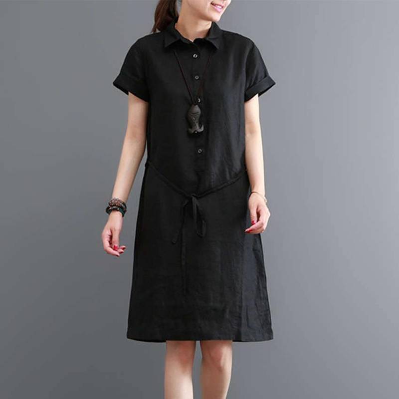 Schwarzes Kleid Kurzarm Leinenkleid Midikleid Locker Kaftan Leinen Tunika Baumwollkleid Plus Größe Leinenbekleidung von newstar2016
