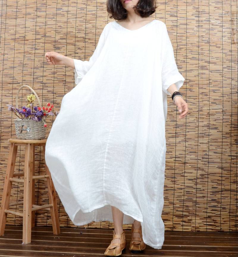 Weiße Tunika Kleid Sommer Leinen Große Größe Maxi Plus Kleidung Kurzärmelige Lange Strand Frauen Baumwollkleid von newstar2016