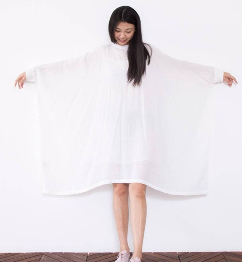 Weißes Baumwollshirt Langarm Tunikakleid Maxi Top Plus Size Kleid Langes Strandkleid Damen Baumwollkleid von newstar2016