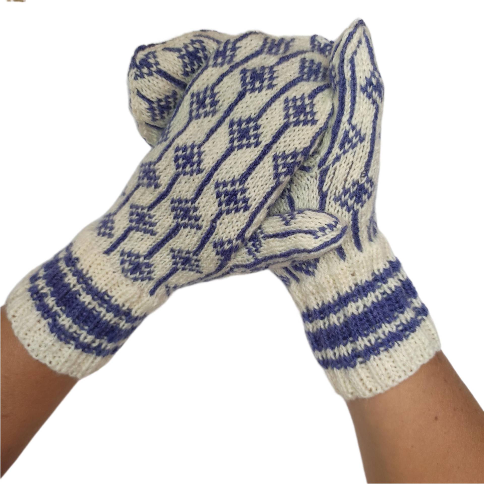 Fausthandschuhe Mit Streifenmuster Und Ornamenten in Weiß-Blau. Damengröße M. Handgefertigt Aus Schurwolle von newwoolmagic