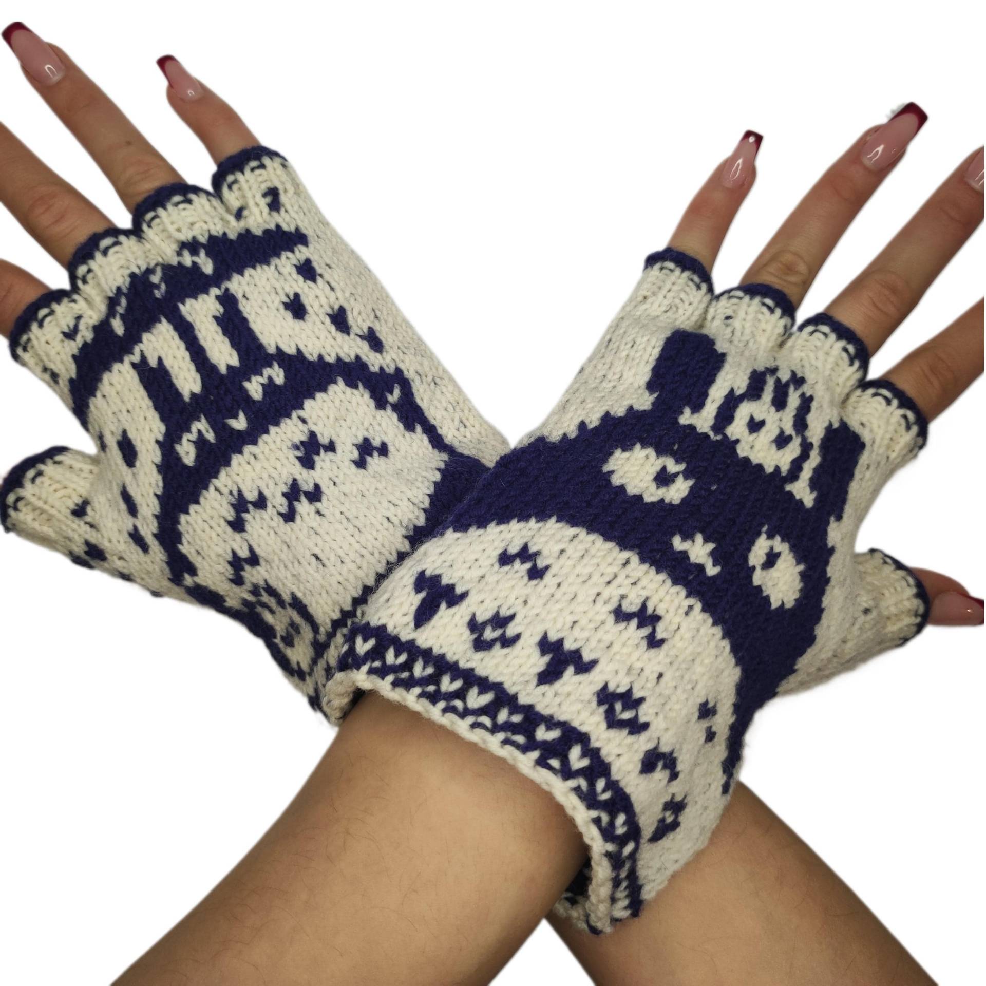 Halbfingerhandschuhe Eulenmotiv Damengröße M Diverse Farben Handgefertigt Merinowolle von newwoolmagic