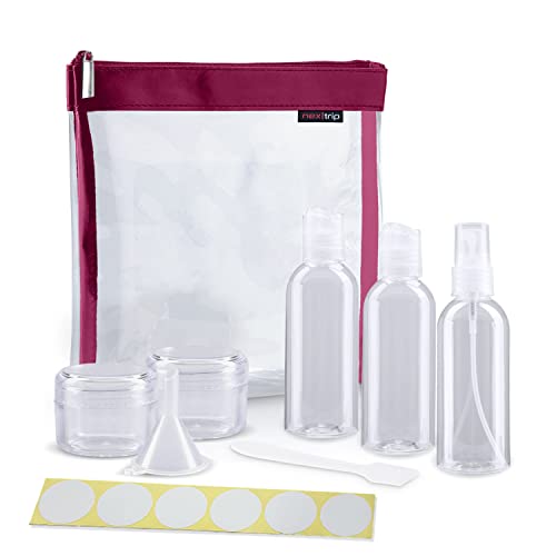 nex|trip Kulturbeutel Transparent + Behälter für Flüssigkeiten Handgepäck + Sticker-Set - Kosmetiktasche durchsichtig für Flugzeug - Reiseset Kosmetik Beutel (Purple) von nex|trip