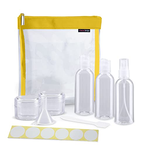 nex|trip Kulturbeutel Transparent + Behälter für Flüssigkeiten Handgepäck + Sticker-Set - Kosmetiktasche durchsichtig für Flugzeug - Reiseset Kosmetik Beutel (Yellow) von nex|trip
