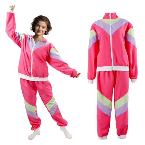 nezababy 80er Jahre Trainingsanzug für Damen Disco-Kostüm 2 Teiliges Set Farbblock Jacke Hose Kapuzenpullover Tanz Clubwear von nezababy