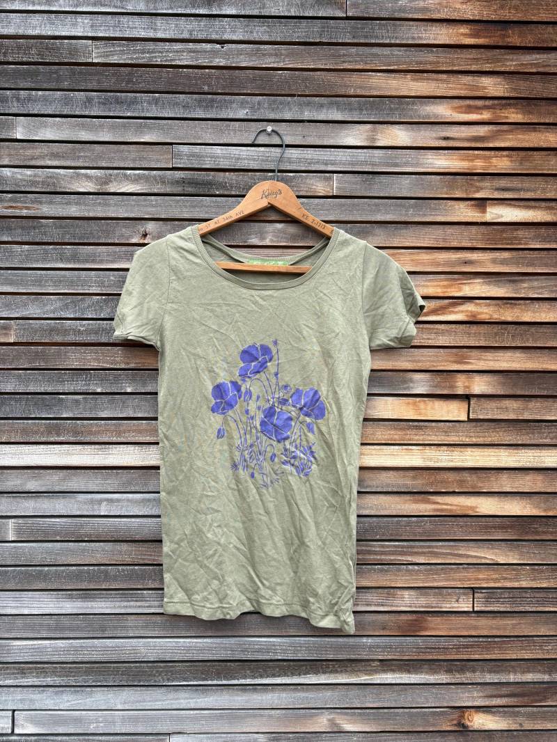 Bio-Baumwolle T-Shirt Handsiebdruck Mohnblumen Design | Größe S von nicandthenewfie