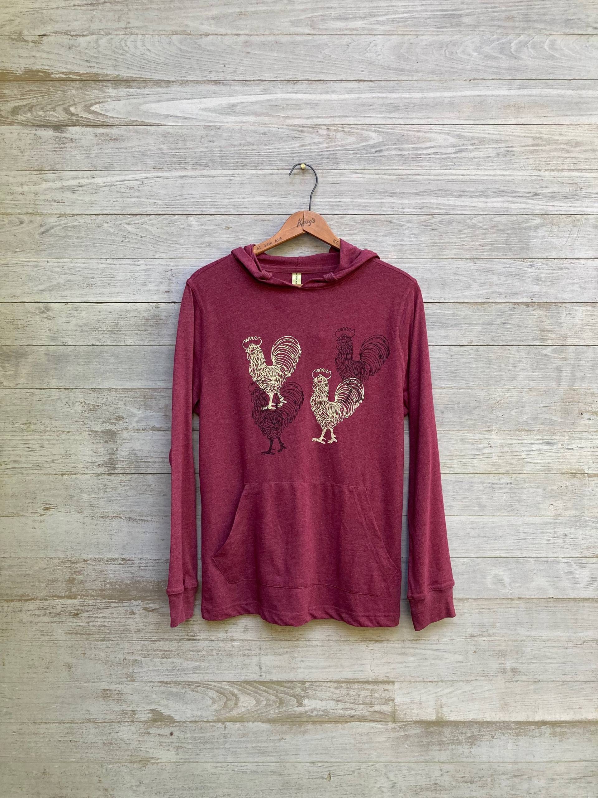 Handbedruckter Hahn-Hoodie Leichtes Bio-Baumwollgemisch, Größe S von nicandthenewfie