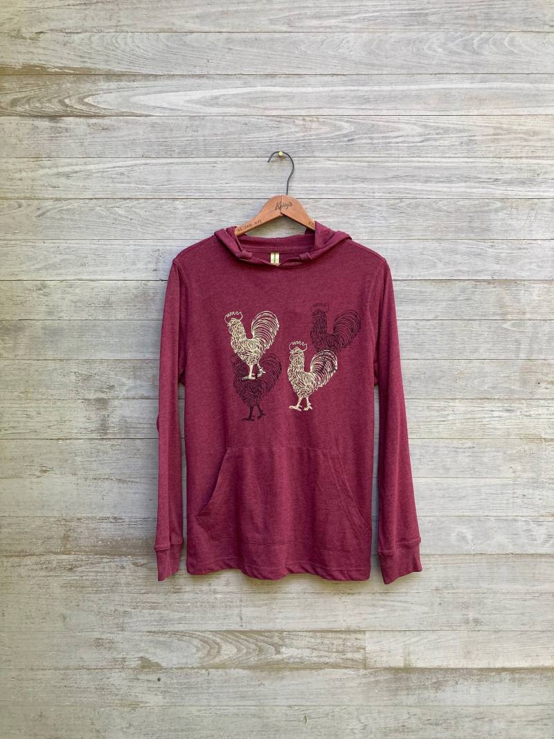 Handbedruckter Hahn-Hoodie Leichtes Bio-Baumwollgemisch, Größe S von nicandthenewfie