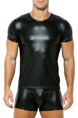 Herren Latex T-Shirt schwarz Leder Optik Männer Shirt Unterhemd Kurzarm Unterwäsche Stretch Hemd Tops Clubwear Guywear Gogo Swingerclub Freizeithemd Sommer Muskel Top Lack-Leder Vinyl Oberteil (L) von niceprice