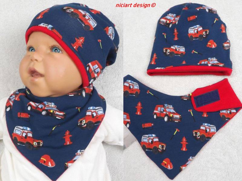 Baby Set Beanie Mütze & Dreieckstuch Halstuch Sabbertuch Feuerwehr By Niciart Design von niciartdesign