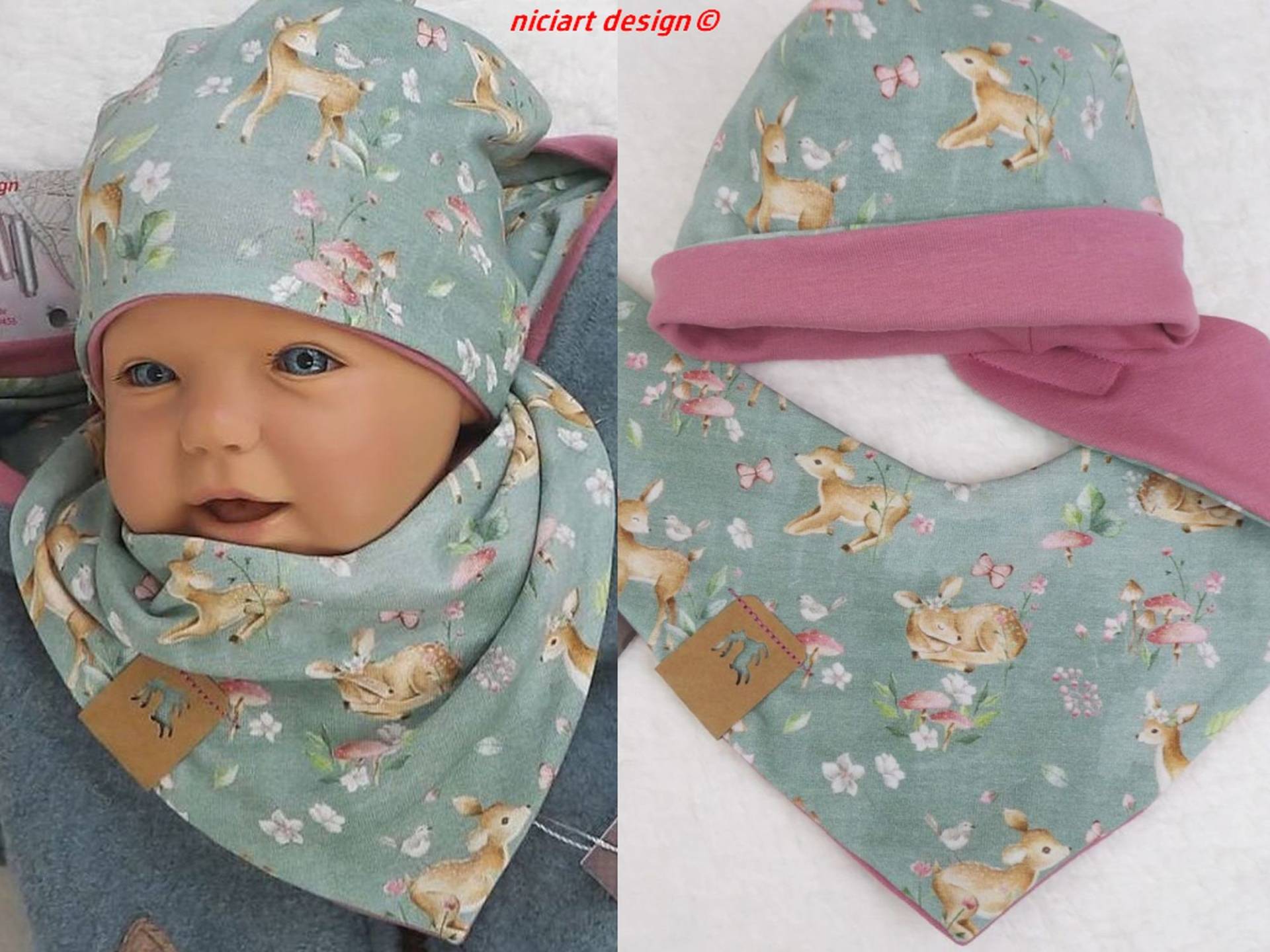 Baby Set Beanie Mütze & Dreieckstuch Halstuch Sabbertuch Mint Rehe By Niciart Design von niciartdesign