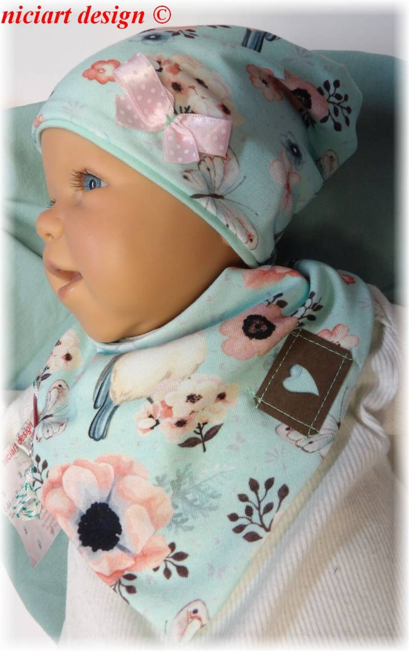 Baby Set Beanie Mütze & Dreieckstuch Halstuch Sabbertuch Mint Rosa Bunt Rotkehlchen By Niciart Design von niciartdesign