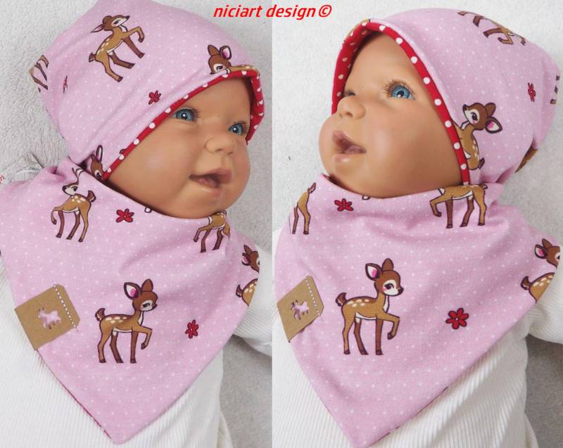 Baby Set Beanie Mütze & Dreieckstuch Halstuch Sabbertuch Rosa Rot Rehe U Pilze By Niciart Design von niciartdesign