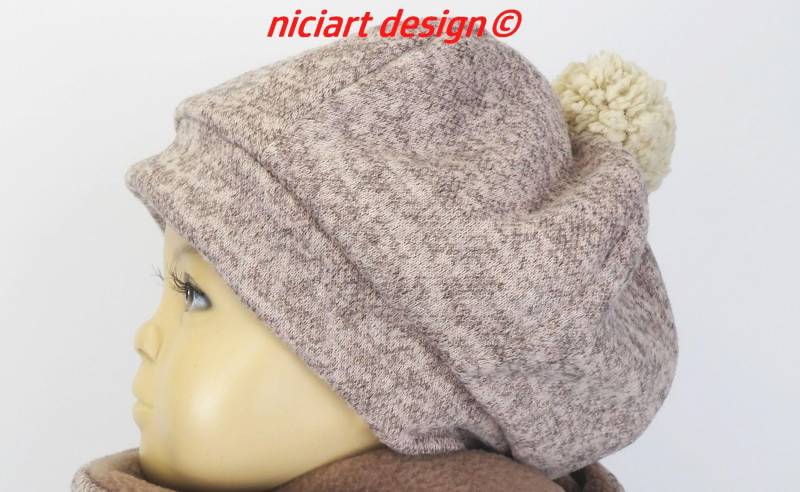 Ballonmütze Ballon Mütze Bommel Feinstrick & Polarfleece Futter Altrosa Beige Braun Meliert Niciart Design von niciartdesign
