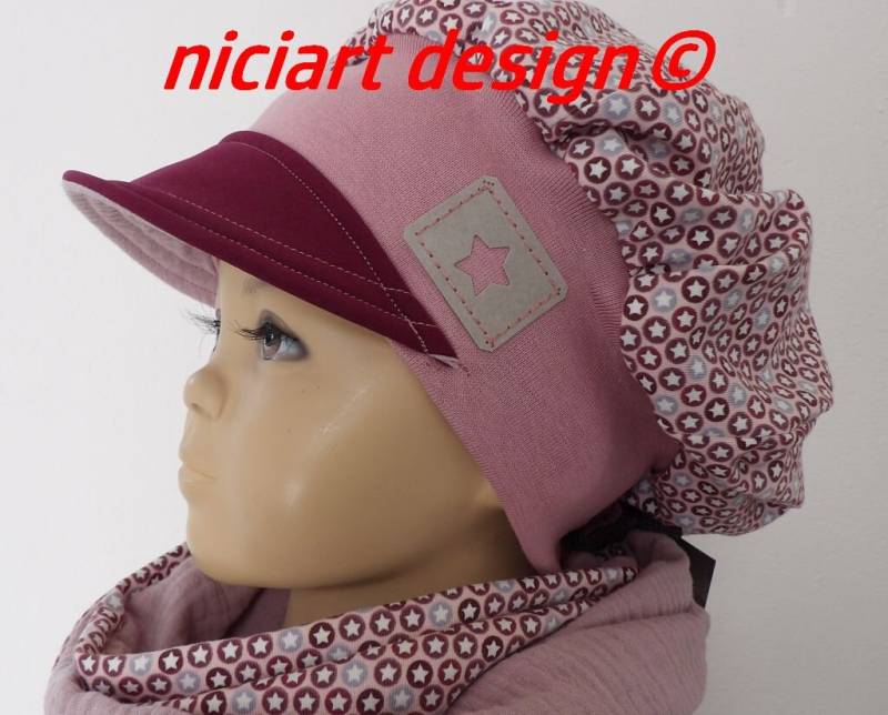 Ballonmütze Ballon Mütze Cap Jerseymütze Sommermütze Altrosa Beere Hellgrau Sternchen Bündchen Niciart Design von niciartdesign