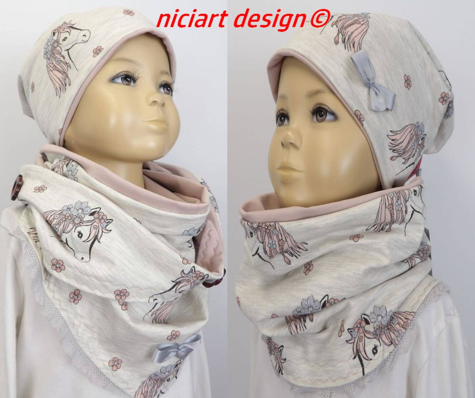 Beanie F/S Mütze Beaniemütze Bw Jersey Glitzerpony Pastellig Rose Wahlw Loop O Wickelschal By Niciart Design von niciartdesign