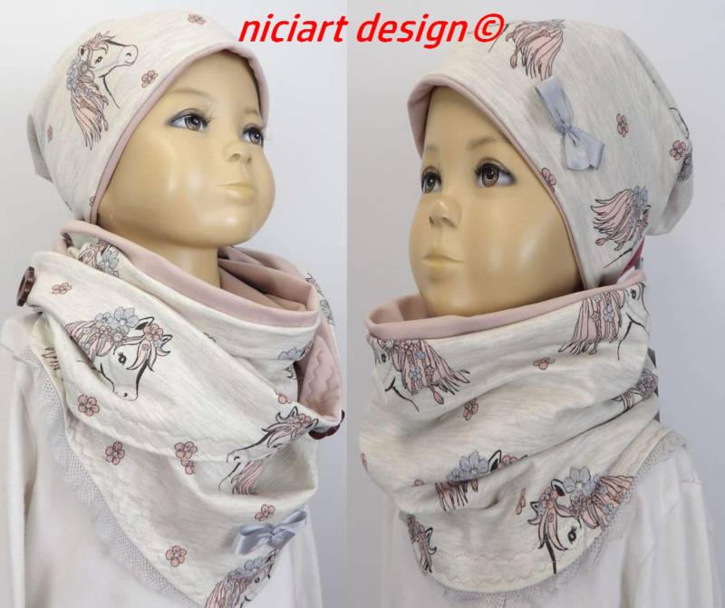 Beanie F/S Mütze Beaniemütze Bw Jersey Glitzerpony Pastellig Rose Wahlw Loop O Wickelschal By Niciart Design von niciartdesign