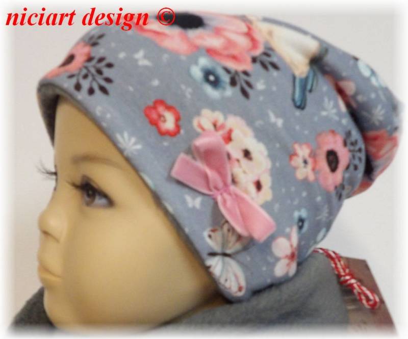 Beanie Kuschel Mütze Beaniemütze Jersey & Fleece Wintermütze Grau Bunt Rotkehlchen Niciart Design von niciartdesign