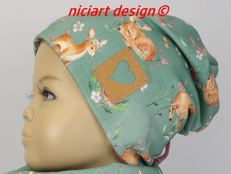 Beanie Mütze Damen U Kinder Beaniemütze Jersey Salbeigrün Altpink Rehwiese Niciart Design von niciartdesign