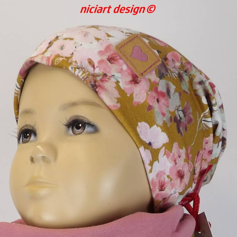 Beanie Mütze Frühj So Kinder Beaniemütze Bw Jersey Senfgelb Altpink Buntig Flowers Jerseymütze O Loop Wickelschal Niciart Design von niciartdesign