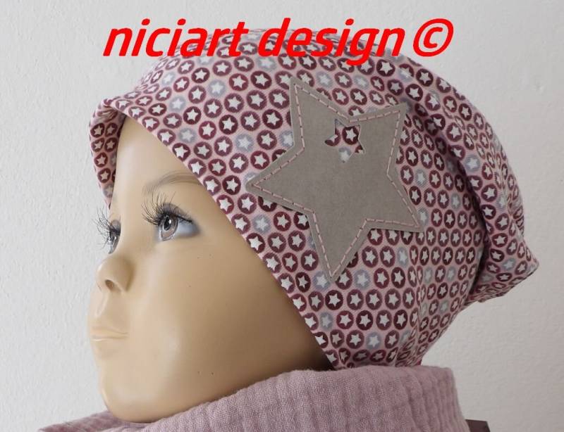 Beanie Mütze Frühjahr Sommer Kinder Beaniemütze Bw Jersey Altpink Altrosa Hellgrau Beere Sternchen von niciartdesign