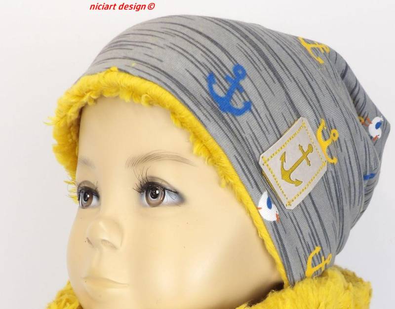 Beanie Mütze Wintermütze Bw Jersey U Baumwollteddy Kinder Anker & Möwen Wahlw M Loop/Wickelschal Niciart Design von niciartdesign
