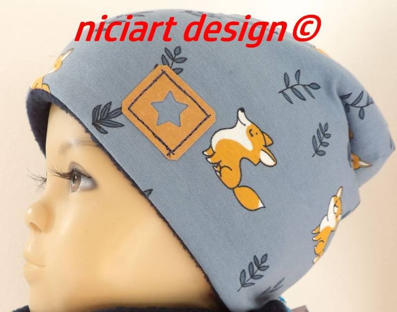 Beanie Mütze Wintermütze Bw Jersey U Polarfleece Futter Kuschelige Fuchs Blau Senf Niciart Design von niciartdesign