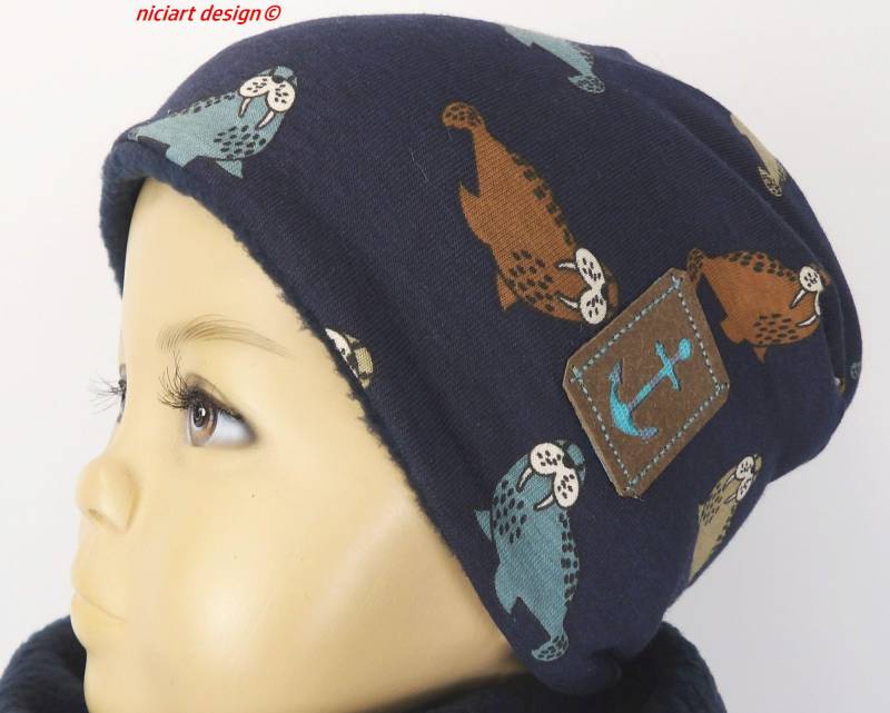 Beanie Mütze Wintermütze Bw Jersey U Polarfleece Kinder Walross Wahlw M Loop/Wickelschal Niciart Design von niciartdesign