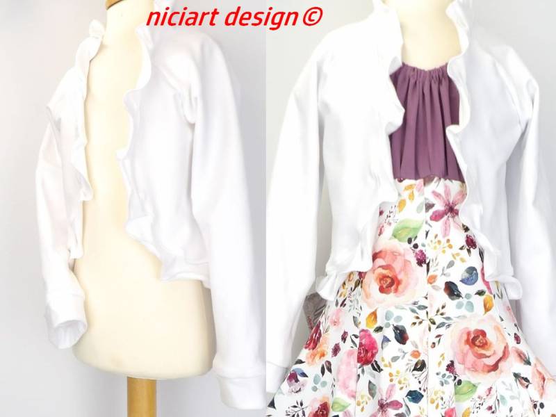 Bolerojacke Bolero Jäckchen Kinder Bw Sweat Weiss Uni Rüschensaum Kurze Jacke Für Kleider Niciart Design von niciartdesign