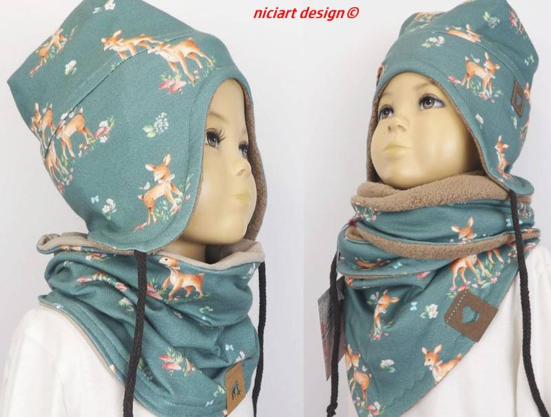 Ohrenmütze Mütze Herbst/Winter Kindermütze Bindebänder Altmint Rehe By Niciart Design von niciartdesign