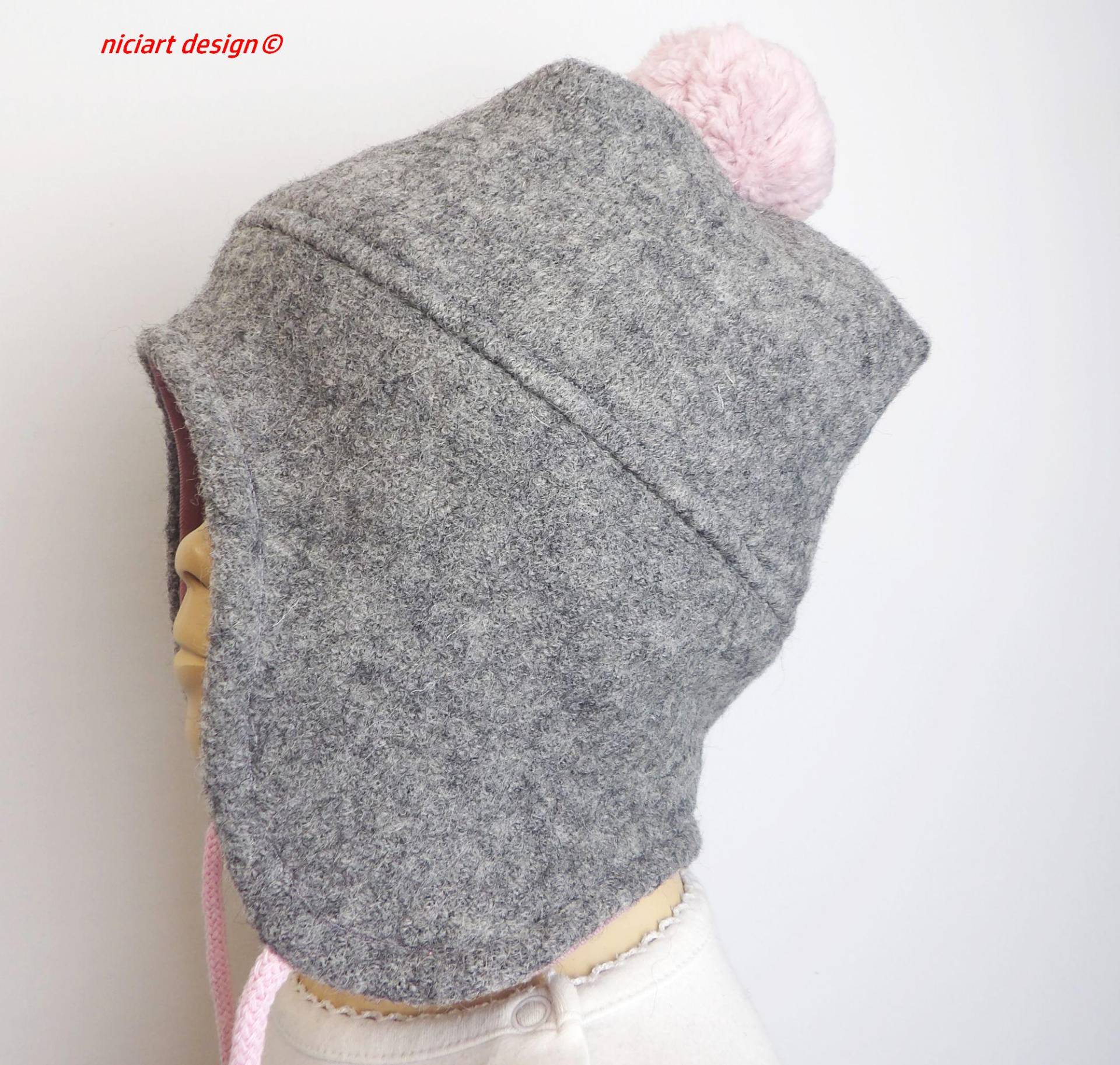 Bommelmütze Walkmütze Wollmütze Schurwolle Ohrenmütze Mit Bommel Hellgrau Altrosa Niciart Design von niciartdesign